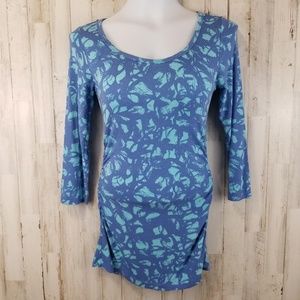 Cabi Womens Top S Blue Purple Abstract Print 3/4 Sleeve Ruched Sides #580 X18